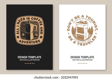 Set of travel inspirational quotes. Vector. Concept for shirt or logo, print, stamp or tee. Vintage typography design with retro photo camera, backpack, compass and mountain silhouette. Camping quote