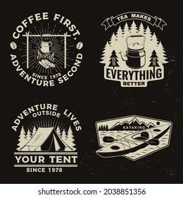 Set of travel inspirational quotes. Vector Concept for shirt or logo, print, stamp or tee. Vintage design with retro camping tea kettle, kayak , camping tent and campfire silhouette. Camping quote