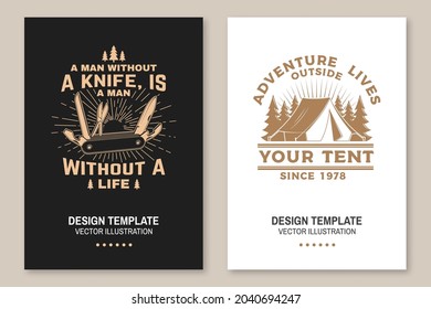 Un conjunto de citas inspiradoras de viajes. Concepto vectorial para camisa o logotipo, impresión, sello o tee. Diseño de tipografía vintage con tienda de campaña retro, cuchillo de bolsillo y silueta de montaña. Cita de campamento.