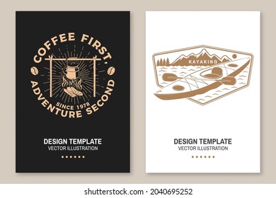 Un conjunto de citas inspiradoras de viajes. Concepto vectorial para camisa o logotipo, impresión, sello o tee. Diseño de tipografía vintage con cafetera sobre fuego de camping, kayak y silueta de montaña. Cita de campamento.