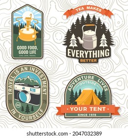 Set of travel inspirational quotes. Vector patch or sticker. Concept for shirt or logo, print, stamp. Vintage design with retro photo camera, camping primus, tent and mountain silhouette Camping quote