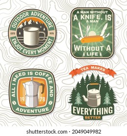 Set of travel inspirational quotes. Vector Concept for shirt or logo, print, stamp or tee. Design with retro camping tea kettle, pocket knife, geyser coffee maker, and mug silhouette. Camping quote.