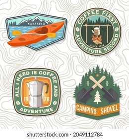 Set of travel inspirational quotes. Vector Concept for shirt or logo, print, stamp or tee. Vintage design with retro camping tea kettle, kayak, camping tent, shovel, campfire silhouette Camping quote