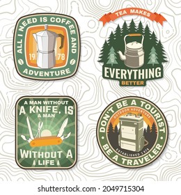 Set of travel inspirational quotes. Vector Concept for shirt or logo, print, stamp or tee. Design with retro camping tea kettle, pocket knife, geyser coffee maker and backpack silhouette Camping quote