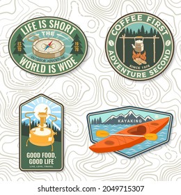 Set of travel inspirational quotes. Vector Concept for shirt or logo, print, stamp or tee. Vintage design with retro camping tea kettle, kayak, compass, primus, campfire silhouette. Camping quote.