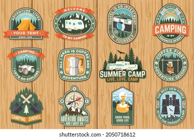 Set of travel inspirational quotes. Vector Concept for shirt or logo, print, stamp or tee. Design with retro camping tea kettle, pocket knife, geyser coffee maker and backpack silhouette Camping quote