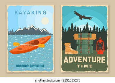 Set of travel inspirational quotes. Vector Concept for shirt or logo, print, stamp or tee. Vintage design with retro backpack, hiking boot, lantern and kayak silhouette. Camping quote.