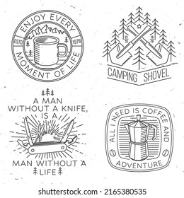 Set of travel inspirational quotes. Vector. Vintage line art design with retro camping tea kettle, pocket knife, camping tent and mug. Camping quote.