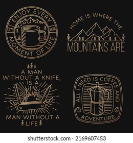 Set of travel inspirational quotes. Vector. Vintage line art design with retro camping tea kettle, pocket knife, camping tent and mug. Camping quote.