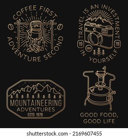 Set of travel inspirational quotes. Vector Concept for shirt or logo, print, stamp. Vintage line art design with retro photo camera, primus, camping kettle and mountain. Camping quote.