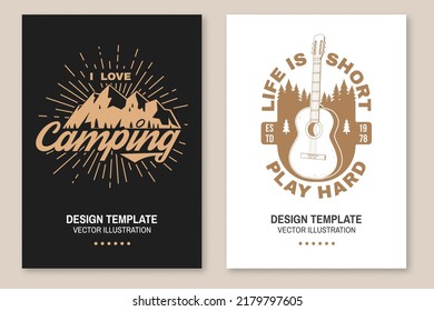 Set of travel inspirational quotes. Vector. Concept for flyer, brochure, banner, poster. Vintage typography design with guitar, forest, sunburst and mountain silhouette.