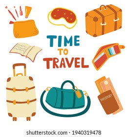 Set of travel items. Airplane trip essentials: suitcase, travel bag, sleep mask, passport, book, wallet, cosmetic bag. Preparing for journey. Summer vacation. Vector cartoon illustration