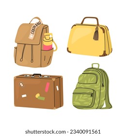 Set of travel items. Backpack with floral pattern and leather backpack with a bottle of water and a sticker that says hand luggage. Bag and suitcase covered with travel stickers. Vector illustration.