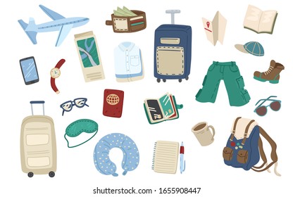 Set of travel items. Collection of icons for holiday or journey. Baggage, luggage and suitcases. Isolated on white background. Vector cartoon illustration