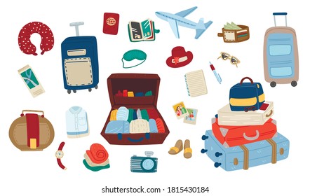 Set of travel items. Collection of icons for holiday or journey. Pile of baggage, luggage and suitcases. Isolated on white background. Vector cartoon illustration