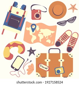Set of travel items. Collection of items for vacation or journey. Summer stuff set: map, bag, suitcase, glasses, hat, snickers, pillow.  Stock vector illustration isolated on white background, eps 10.