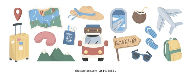 Set of travel items. Colorful stickers with suitcase or luggage, map, passport, camera and airplane. Tourism, adventure and journey. Flat vector illustration collection isolated on background