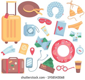 Set of travel items for recreation. Collection of luggage elements for travel. Flat vector illustration on a white. 