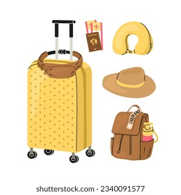 Set of travel items. Suitcase, leather backpack with a bottle of water and a sticker that says hand luggage, wide-brimmed felt hat, waist bag, Neck brace, passport with tickets. Vector illustration.