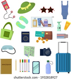 Set with travel items, suitcase, passport, map, cosmetics and sketchbook. Vector illustration for scrapbooking, stickers, leaflet and flyer design, prints and posters.