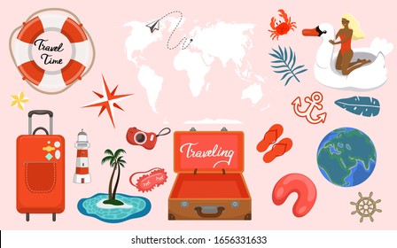 Set of travel items. Vector graphics.