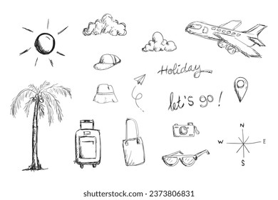 Set of travel journey element doodle hand drawn style vector. 