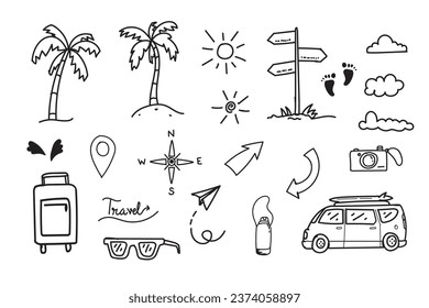 Set of travel journey element doodle hand drawn style vector. 