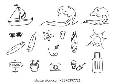 Set of travel journey element doodle hand drawn style vector. 