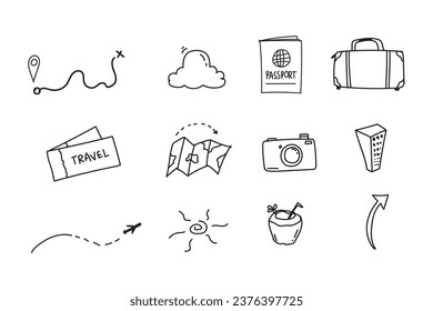 Set of travel journey element doodle hand drawn style vector. 