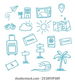 Set of travel journey element doodle hand drawn style vector.
