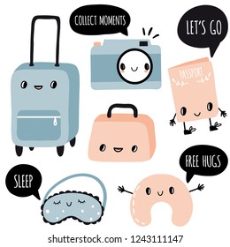 Set of travel kawaii objects with different cute faces and speech bubbles. Cartoon characters:  suitcase, bag, camera, passport and other. Fun cartoon doodle icon design vector, journey concept