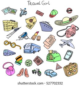 Set of travel labels. Collection of travel stickers for girls. Women travel kit. Vector illustration.