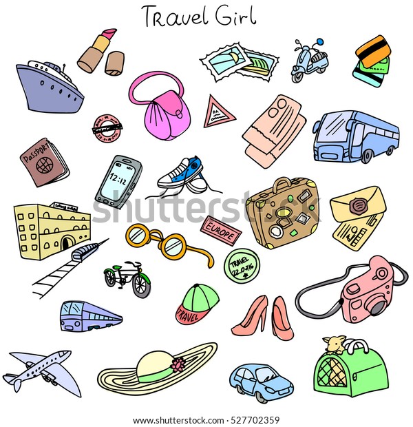 Set of travel labels.\
Collection of travel stickers for girls. Women travel kit. Vector\
illustration.