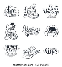 Set of Travel lettering. Travel life style inspiration quotes. Motivational typography. Calligraphy graphic design element