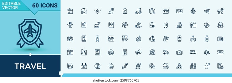 Set of Travel line icon. Contain linear sign tourist, summer, holiday, beach, vacation, trip. Web icons. Tour linear icon collection. Vector line and solid icons.