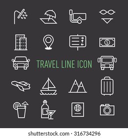 set of travel line icon isolated on black background