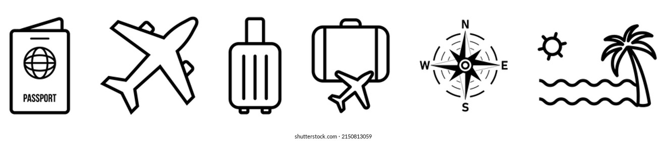 Set travel line icons  Contains such icons as luggage  passport  plane  compass   beach  Vector illustration isolated white background