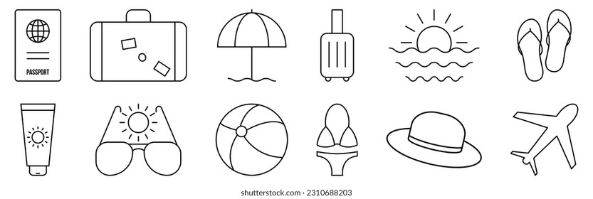 Set of travel line icons. Contains such icons as passport, luggage, plane, sunglasses, flip flop, ball, sunscreen, swimsuit, sun hat and others. Vector illustration