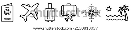 Set of travel line icons. Contains such icons as luggage, passport, plane, compass and beach. Vector illustration isolated on white background
