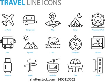 set of travel line icons, such as vacation, camping, airplane, passport, beach, mountain, forest