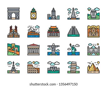 Set of Travel Locations Landmark Flat Color Line Icons. Egypt, Italy, United Kingdom, France, India, USA, Brazil, China, Jordan, Mexico, Australia, Spain, Chile and more. Pack of 48x48 Pixel Icons
