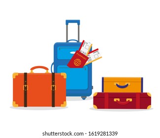Set of travel luggage isolated on the white background. Time to travel concept vector illustration.