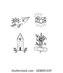 Set of travel nature icons in hand made line style paper plane, photo camera, house, building, plaster drawing on white background