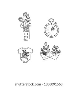 Set of travel nature icons in hand made line style home, building, clock, baby clothes, ship origami drawing on white background