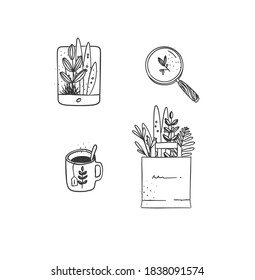 Set of travel nature icons in hand made line style tablet, magnifier, tea cup, grocery bag drawing on white background