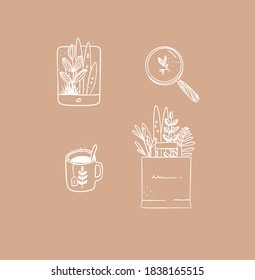 Set of travel nature icons in hand made line style tablet, magnifier, tea cup, grocery bag drawing on peach background