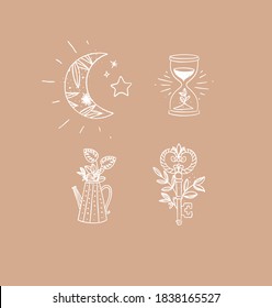 Set of travel nature icons in hand made line style moon, hourglass, water jug for plants, key drawing on peach background