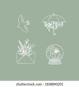 Set of travel nature icons in hand made line style bird, umbrella, envelope, glass ball drawing on green background