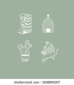 Set of travel nature icons in hand made line style boots, barn, cactus, garden cart drawing on green background