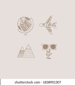 Set of travel nature icons in hand made line style globe, plane, flight, mountains, hill, glasses drawing on beige background
